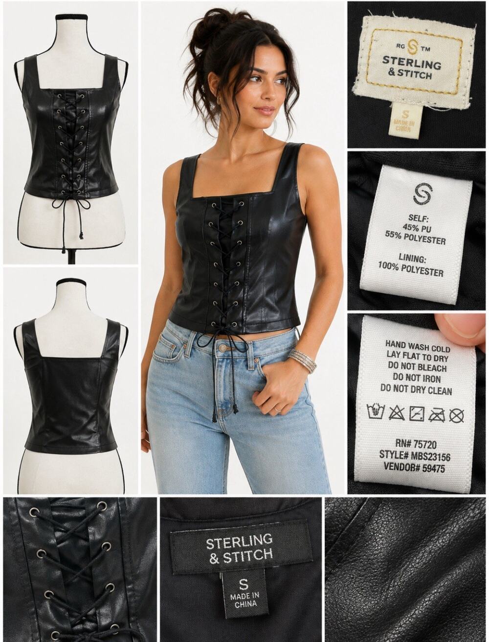 Y2K Edgy Grunge Sterling & Stitch Lace-Up Corset Top Size S Black Faux Leather